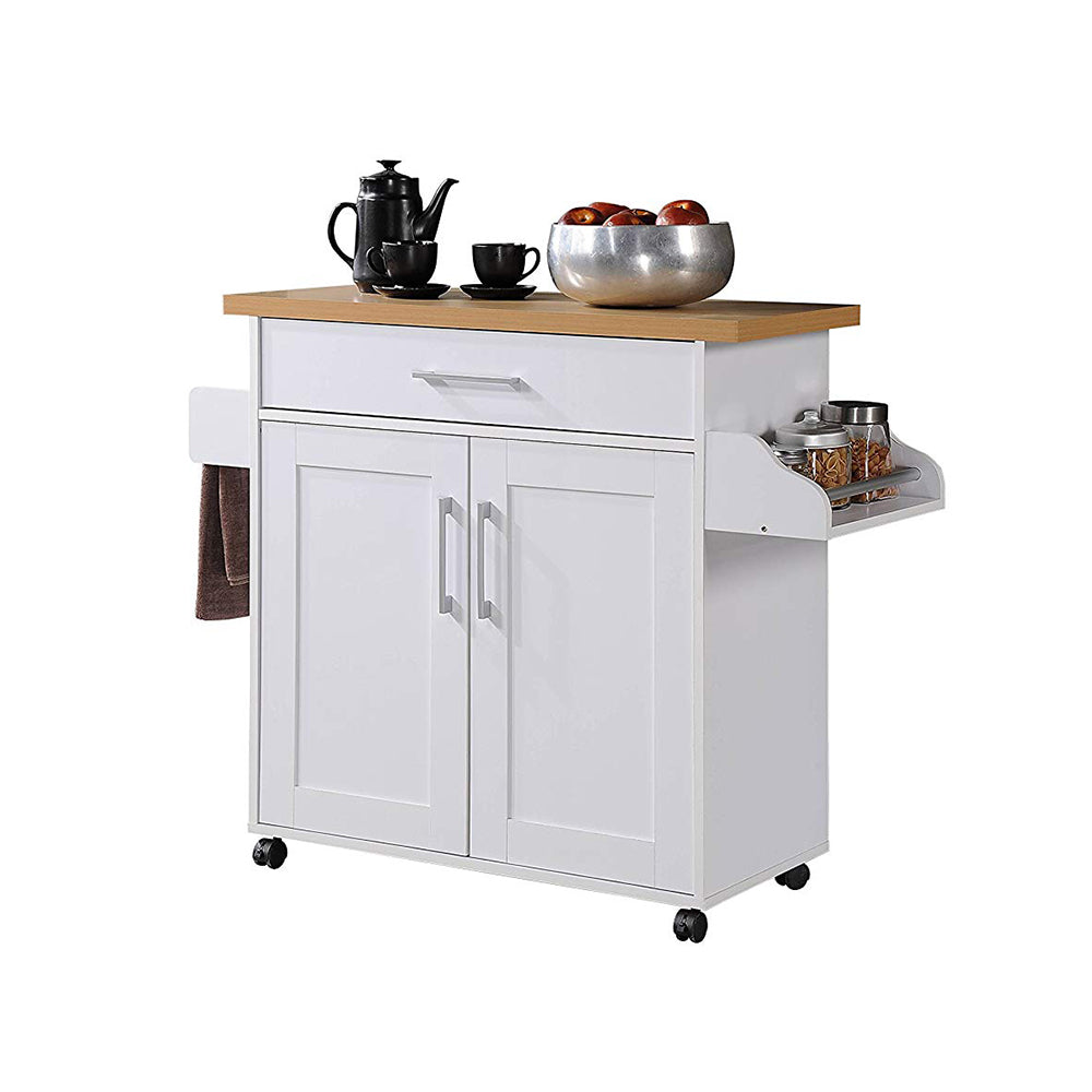 Hodedah Import Kitchen Island w/Spice Rack & Towel Holder, White/Beech(Open Box)